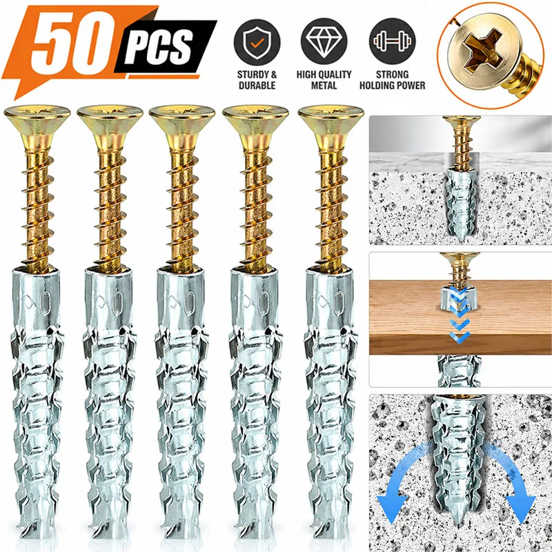 Drywall Anchor Screw - 50/10sets Metal Serrated Expansion Tube Self